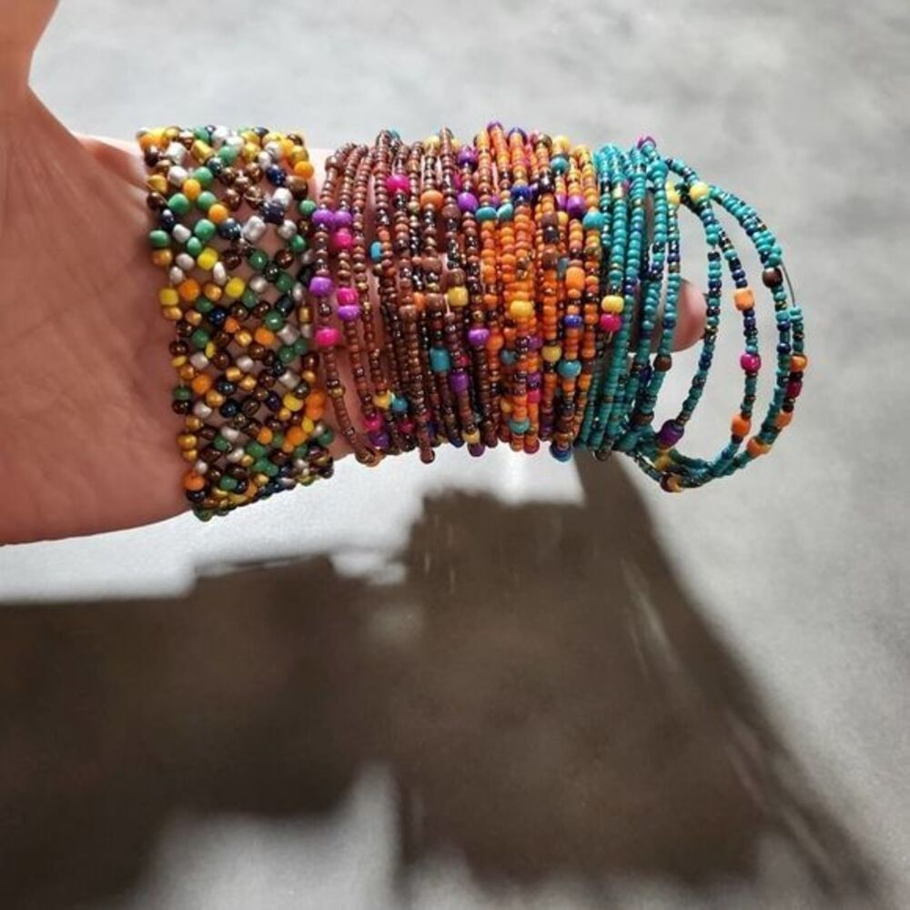 Bohemian Seed Bead Bracelet Set 4pc Multicolor Woven Cuff Memory Wire Coil Wrap
